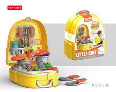 Дитяча ігрова кухня 7F705 плита, мийка, посуд, продукти, 23предм, склад. в рюкзак, в карт.